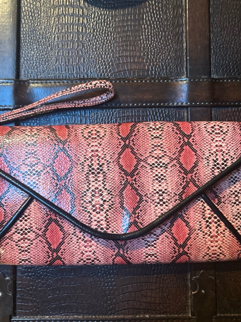 Pink Snakeskin-Print Wristlet Clutch